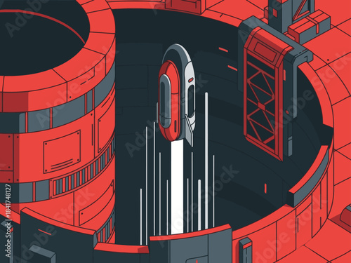 A futuristic rocket launches from a circular structure, conveying a sense of escape and innovation. Bold red and gray color scheme creates a striking visual. Up. Out. Away.