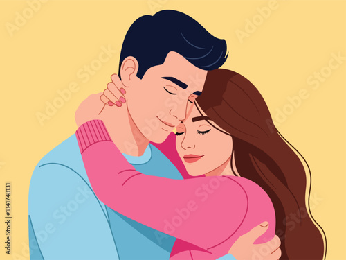 Modern flat illustration of a warm couple’s hug, ideal for relationship bonding visuals, emotional health content, and love-themed designs