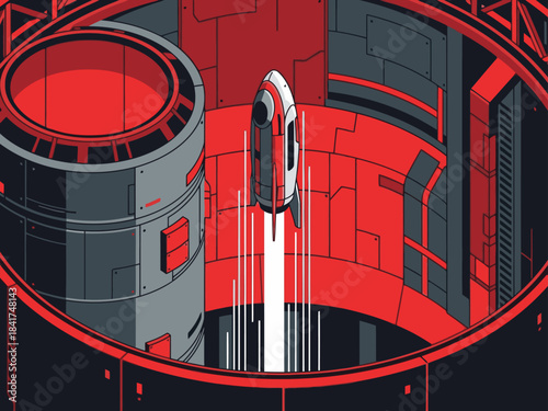 A futuristic rocket launches from a cylindrical structure, creating a dynamic, high-contrast image. Bold red and grey tones evoke a sense of speed and escape. ?Up. Out. Away.?
