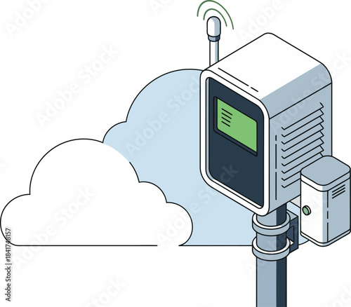 Isometric illustration of an AQI sensor connected to the cloud. Modern design, clean lines, and a stylized cloud backdrop. Ideal for tech, environmental, and air quality concepts.
