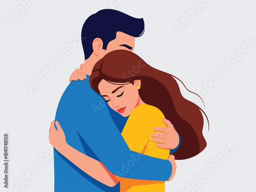 Modern flat illustration of a warm couple’s hug, ideal for relationship bonding visuals, emotional health content, and love-themed designs