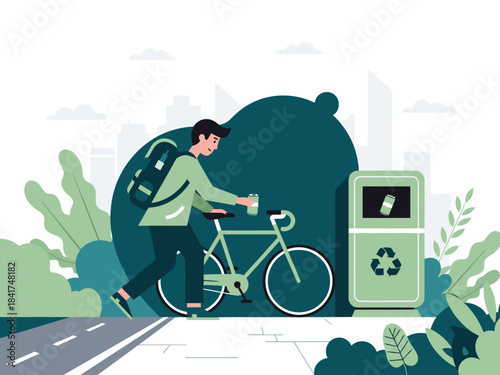 A young man cycles with a reusable drink, recycling nearby. A modern, eco-friendly scene promoting sustainable living and urban cycling. Bright, clean illustration.
