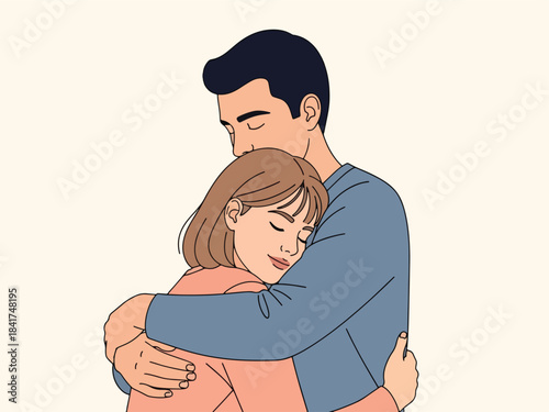 Modern flat illustration of a warm couple’s hug, ideal for relationship bonding visuals, emotional health content, and love-themed designs