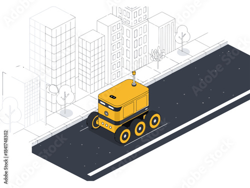 A stylized isometric illustration depicts a last-mile rolling bot delivering a package from door to door in a city setting. Modern, clean design with a focus on urban logistics.