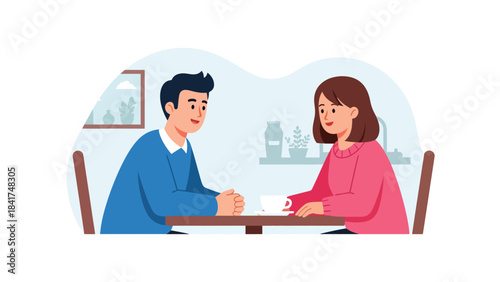 Modern flat illustration of a couple having a heartfelt conversation in a café, ideal for relationship communication content and lifestyle visuals