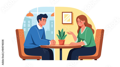 Modern flat illustration of a couple having a heartfelt conversation in a café, ideal for relationship communication content and lifestyle visuals