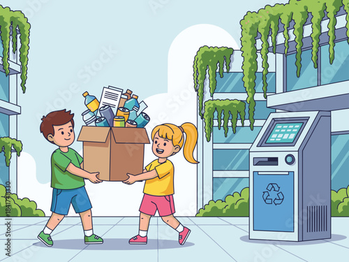 Two children work together to move a box filled with recycling materials. A modern recycling bin is visible in the background. ?Stronger Together? text overlay. Bright, cheerful illustration.