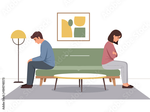Flat vector artwork of a couple experiencing emotional distance, ideal for relationship counseling, emotional awareness graphics, and psychological themes