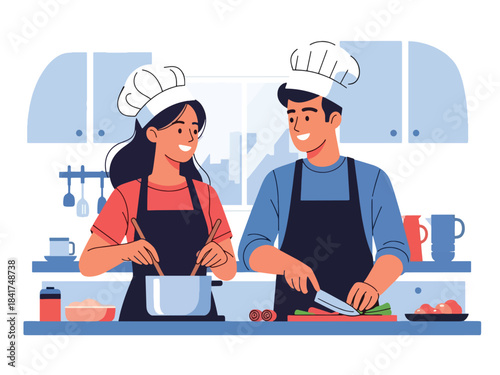Flat vector artwork of a young couple cooking together joyfully, ideal for lifestyle content, relationship bonding visuals, and home activity illustrations