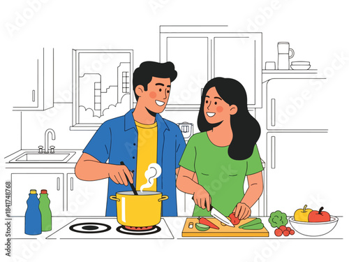 Flat vector artwork of a young couple cooking together joyfully, ideal for lifestyle content, relationship bonding visuals, and home activity illustrations