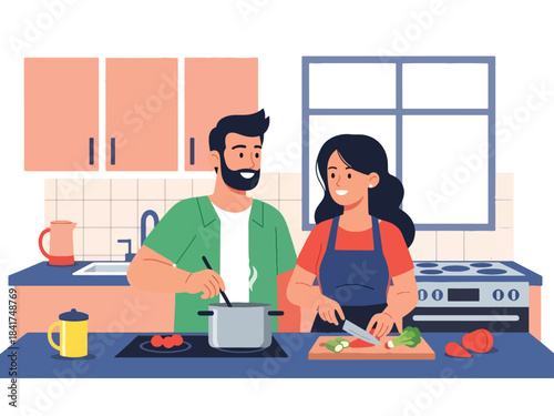 Flat vector artwork of a young couple cooking together joyfully, ideal for lifestyle content, relationship bonding visuals, and home activity illustrations