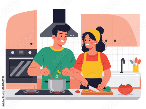 Flat vector artwork of a young couple cooking together joyfully, ideal for lifestyle content, relationship bonding visuals, and home activity illustrations