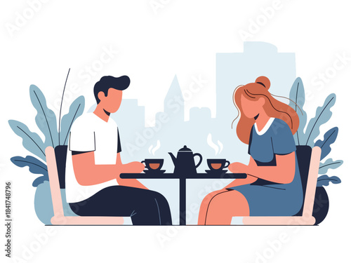 Modern flat illustration of a couple sharing a peaceful tea moment, ideal for calm lifestyle visuals, relationship bonding, and emotional content