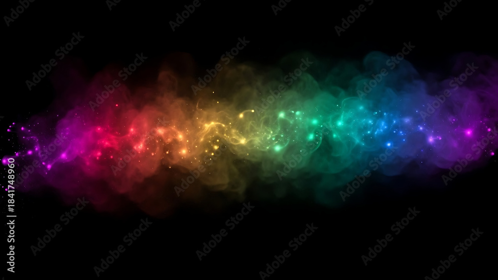 Obraz premium Vibrant rainbow smoke with glowing particles on black background