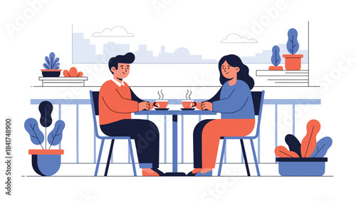 Modern flat illustration of a couple sharing a peaceful tea moment, ideal for calm lifestyle visuals, relationship bonding, and emotional content