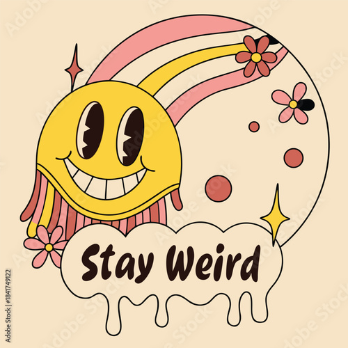 A colorful cartoon smiley face with pink hair and flowers on a beige background with a stay weird speech bubble