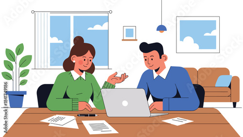 Flat vector artwork of a couple collaborating on work or study projects, ideal for teamwork, productivity, lifestyle, and relationship cooperation themes
