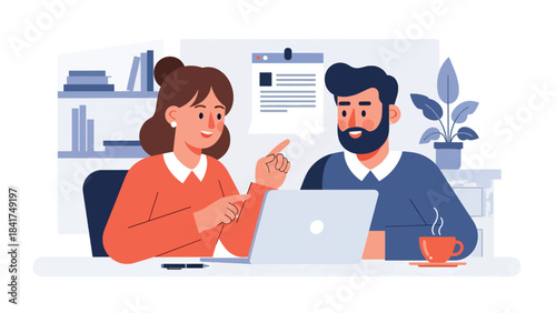Flat vector artwork of a couple collaborating on work or study projects, ideal for teamwork, productivity, lifestyle, and relationship cooperation themes