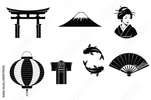Japanese culture icons set with torii gate geisha kimono koi fish mount fuji lantern and folding fan silhouette.