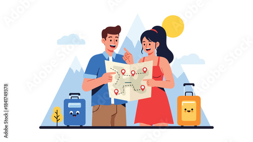 Modern flat illustration of a couple excitedly planning travel, ideal for lifestyle, vacation inspiration, relationship visuals, and adventure themes