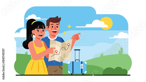 Modern flat illustration of a couple excitedly planning travel, ideal for lifestyle, vacation inspiration, relationship visuals, and adventure themes