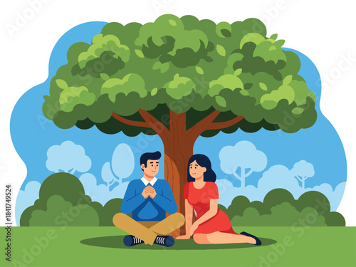 Flat vector design of a couple relaxing under a tree, ideal for peaceful lifestyle content, relationship bonding, and emotion-focused illustrations