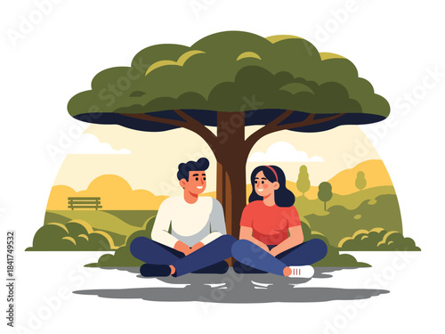Flat vector design of a couple relaxing under a tree, ideal for peaceful lifestyle content, relationship bonding, and emotion-focused illustrations