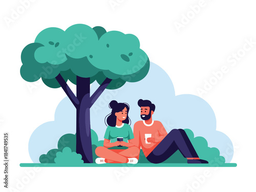 Flat vector design of a couple relaxing under a tree, ideal for peaceful lifestyle content, relationship bonding, and emotion-focused illustrations