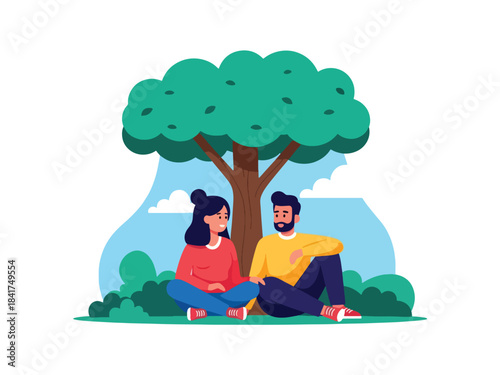 Flat vector design of a couple relaxing under a tree, ideal for peaceful lifestyle content, relationship bonding, and emotion-focused illustrations