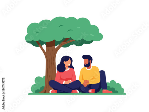 Flat vector design of a couple relaxing under a tree, ideal for peaceful lifestyle content, relationship bonding, and emotion-focused illustrations