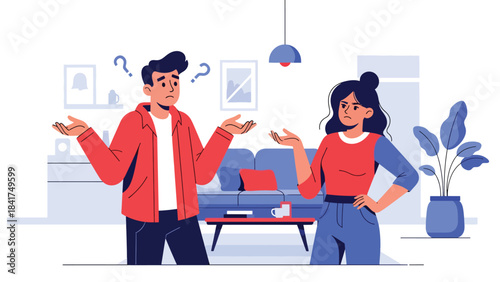 Modern flat illustration of a couple feeling confused during a discussion, ideal for communication topics, relationship psychology, and emotional awareness