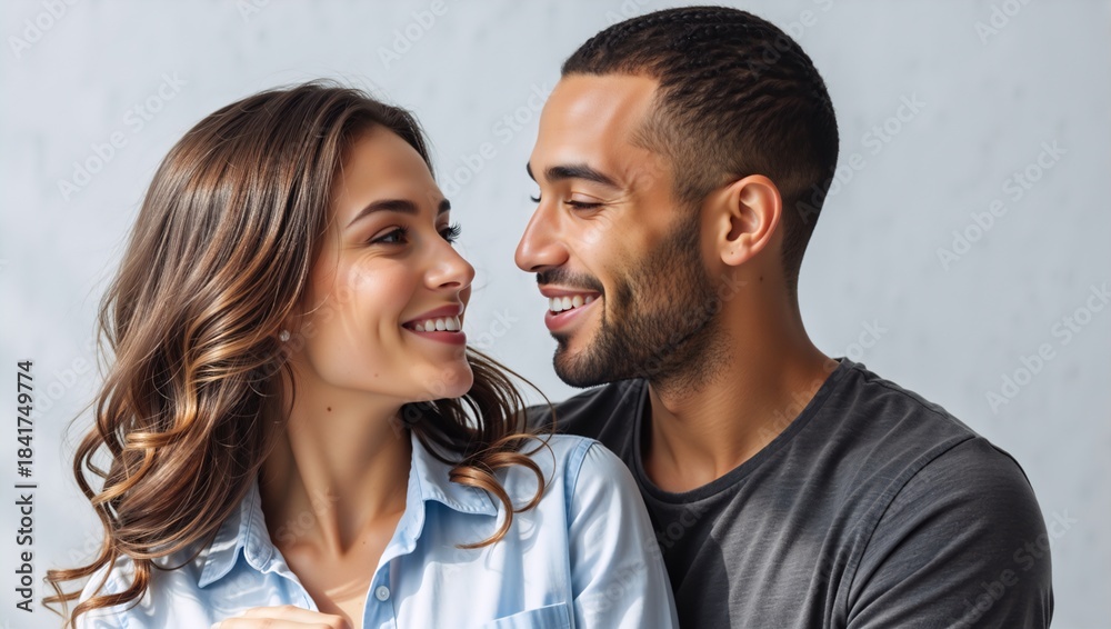 Fototapeta premium Happy young interracial couple smiling and looking at each other. Close-up portrait of a loving man and woman in a relationship. Love and intimacy concept