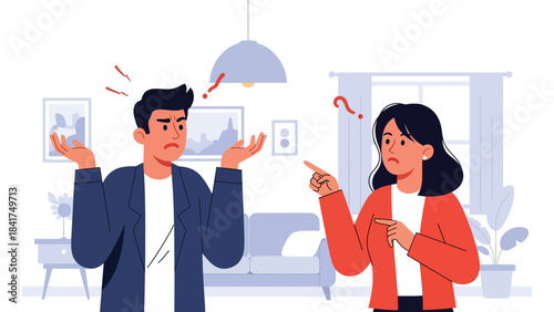 Modern flat illustration of a couple feeling confused during a discussion, ideal for communication topics, relationship psychology, and emotional awareness