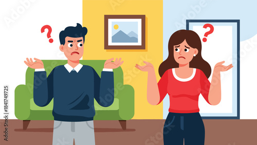 Modern flat illustration of a couple feeling confused during a discussion, ideal for communication topics, relationship psychology, and emotional awareness