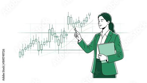 Businesswoman pointing at a financial chart, representing stock market analysis, stock trends