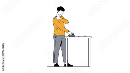 Illustration depicting a man experiencing shoulder pain while working at his desk