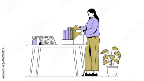Illustration depicting a woman organizing files and reading a book on a desk at home