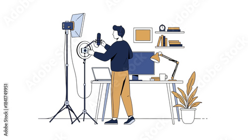 Illustration depicts a person setting up equipment for video recording or podcasting