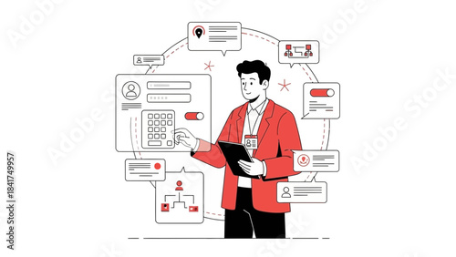 Illustration of a business person interacting with a digital interface for data access