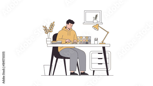 Illustration of a man working at a desk, designing with color palettes, minimal style