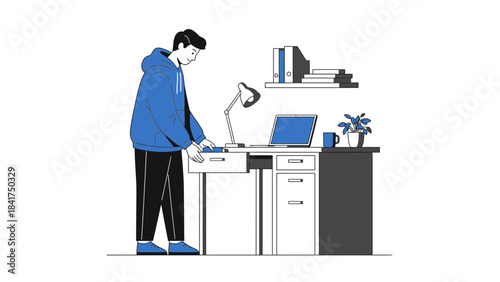 Illustration of a Man Working at His Desk, with a laptop and office supplies