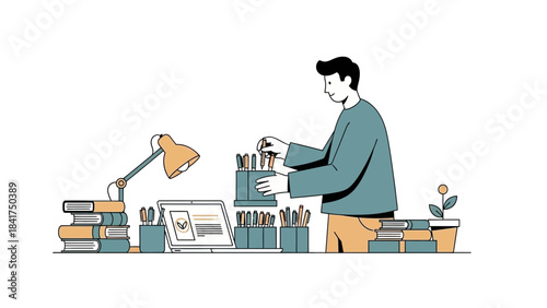Illustration of a person organizing pens at a desk with a laptop and books