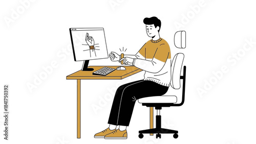 Illustration of a person using a computer with a hand tied up on the screen
