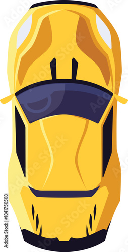 Yellow super car top view, racing sport vehicle, vector speed drift automobile, extreme auto transport design from above