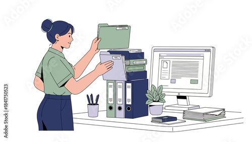 Illustration of a woman organizing files and documents on her office desk