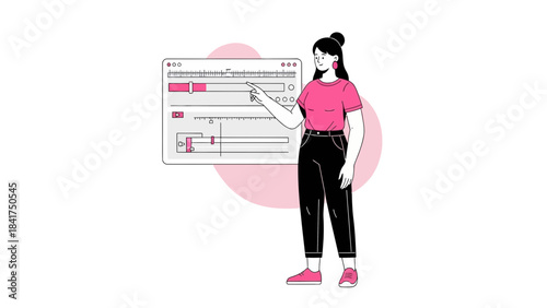 Illustration of a woman pointing at a media control panel with adjustable sliders design