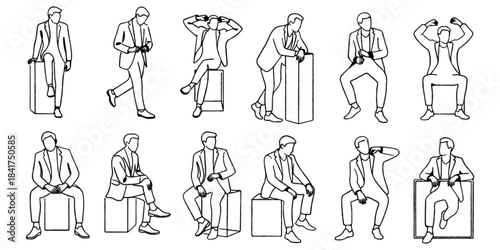 Collection of white silhouette male figures in various walking and sitting poses against a neutral gray background