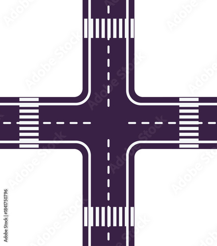 Road intersection with markings and pedestrian crossings, top view.