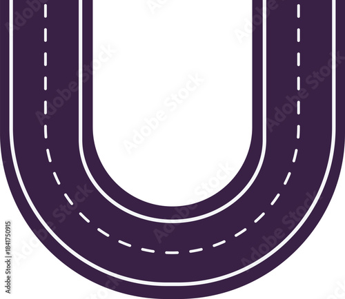 U-turn asphalt road with dividing lines top view, vector around highway from above, road markings with dotted lines