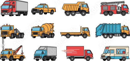Heavy Duty Commercial Transportation Vehicles Icons Set: Cartoon Vector Trucks Collection